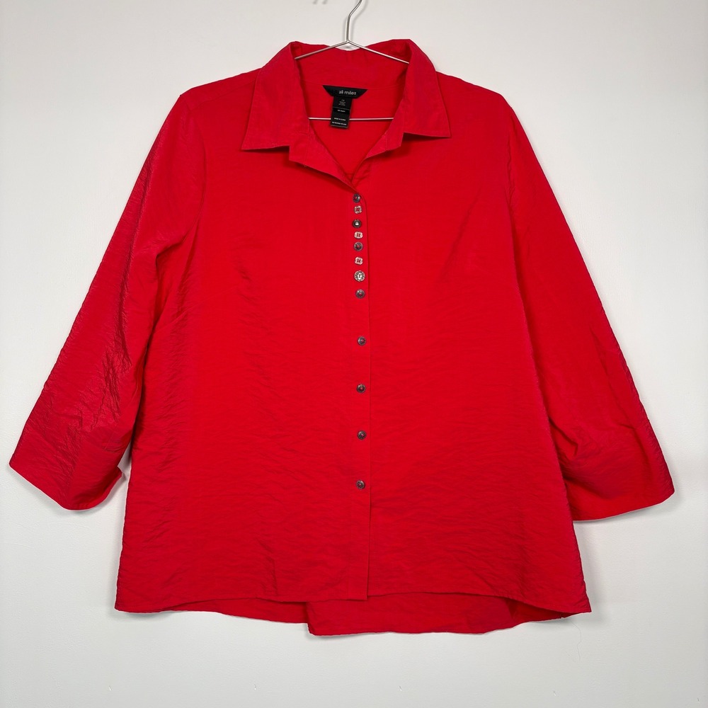Ali Miles Womens Button Up Blouse 1X Red Crinkle Texture 3/4 Sleeve High Low